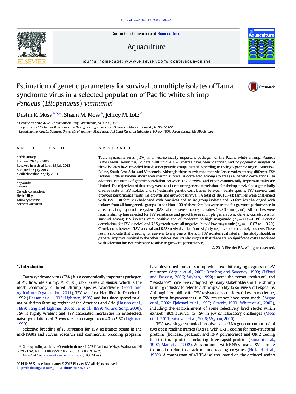 Estimation of genetic parameters for survival to multiple isolates of Taura syndrome virus in a selected population of Pacific white shrimp Penaeus (Litopenaeus) vannamei