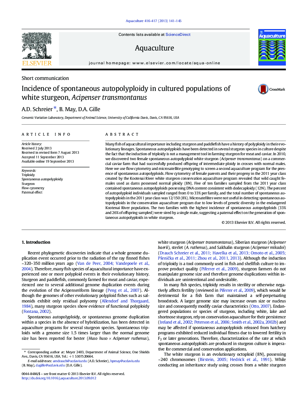 Incidence of spontaneous autopolyploidy in cultured populations of white sturgeon, Acipenser transmontanus