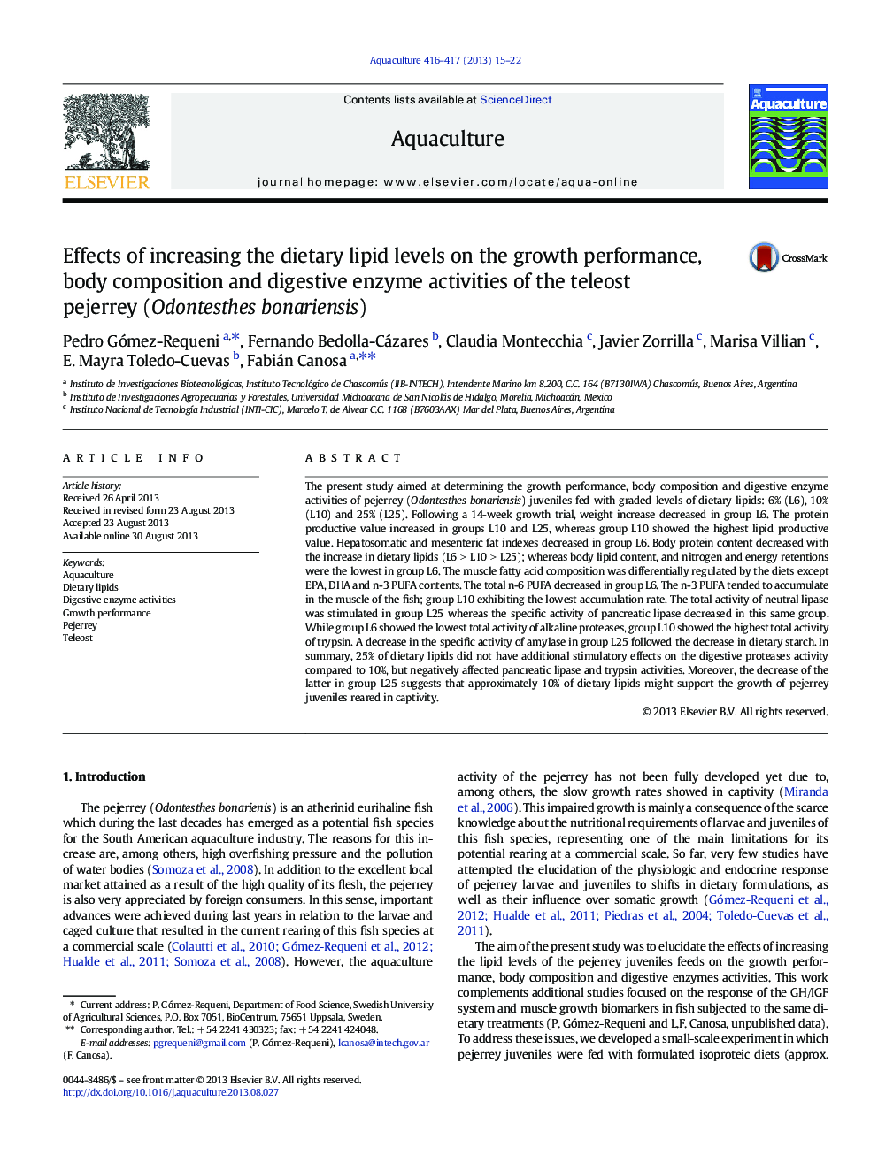 Effects of increasing the dietary lipid levels on the growth performance, body composition and digestive enzyme activities of the teleost pejerrey (Odontesthes bonariensis)