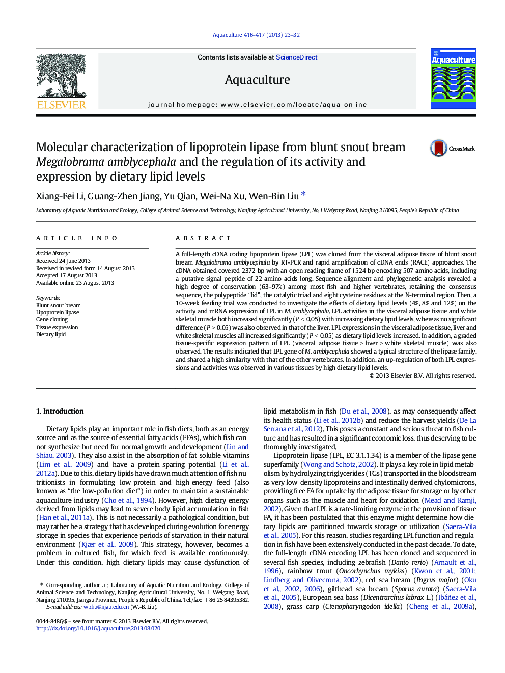 Molecular characterization of lipoprotein lipase from blunt snout bream Megalobrama amblycephala and the regulation of its activity and expression by dietary lipid levels