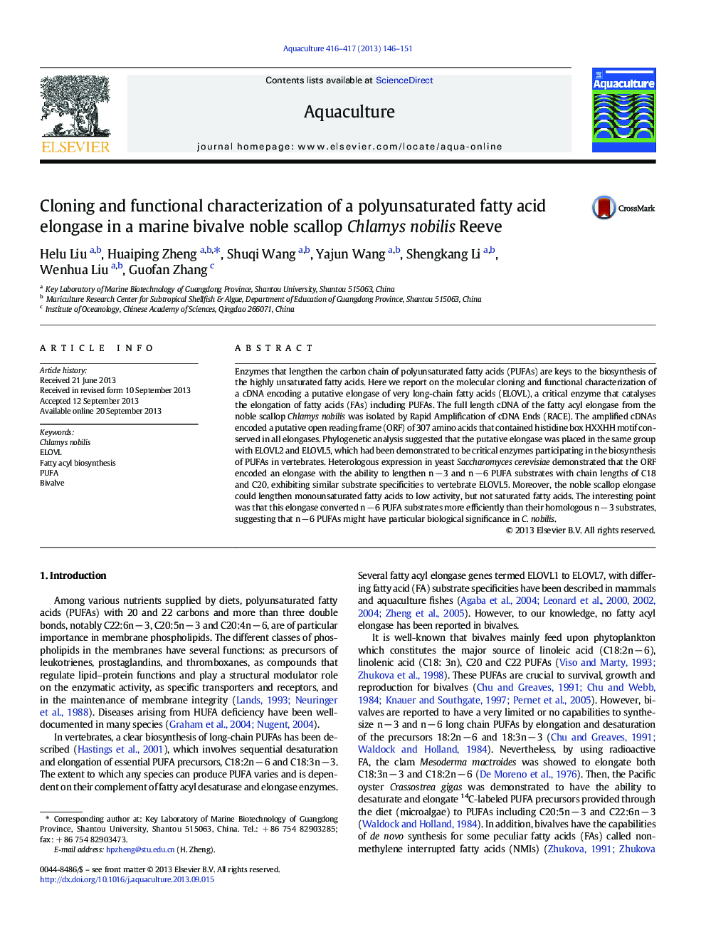 Cloning and functional characterization of a polyunsaturated fatty acid elongase in a marine bivalve noble scallop Chlamys nobilis Reeve