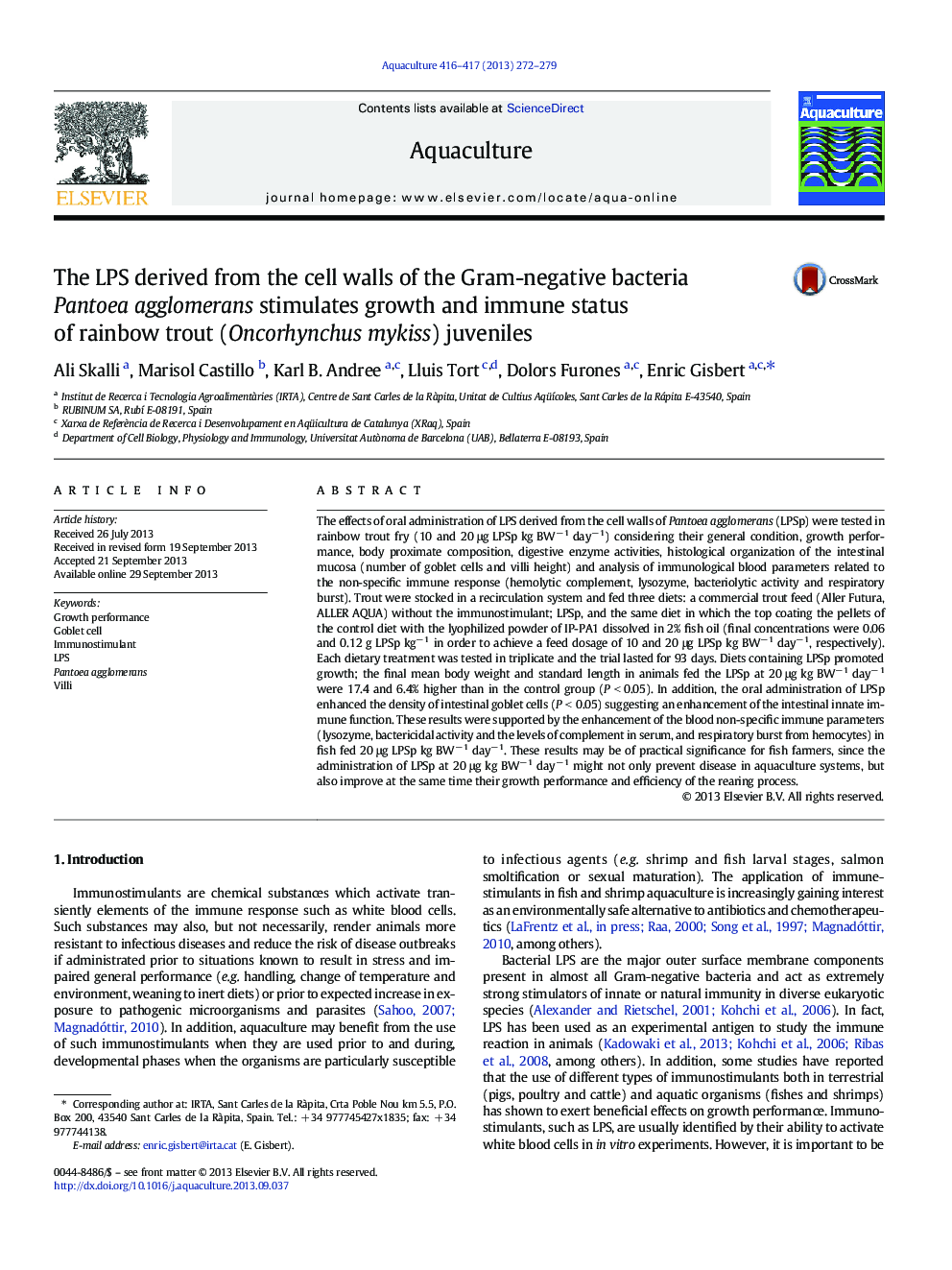 The LPS derived from the cell walls of the Gram-negative bacteria Pantoea agglomerans stimulates growth and immune status of rainbow trout (Oncorhynchus mykiss) juveniles