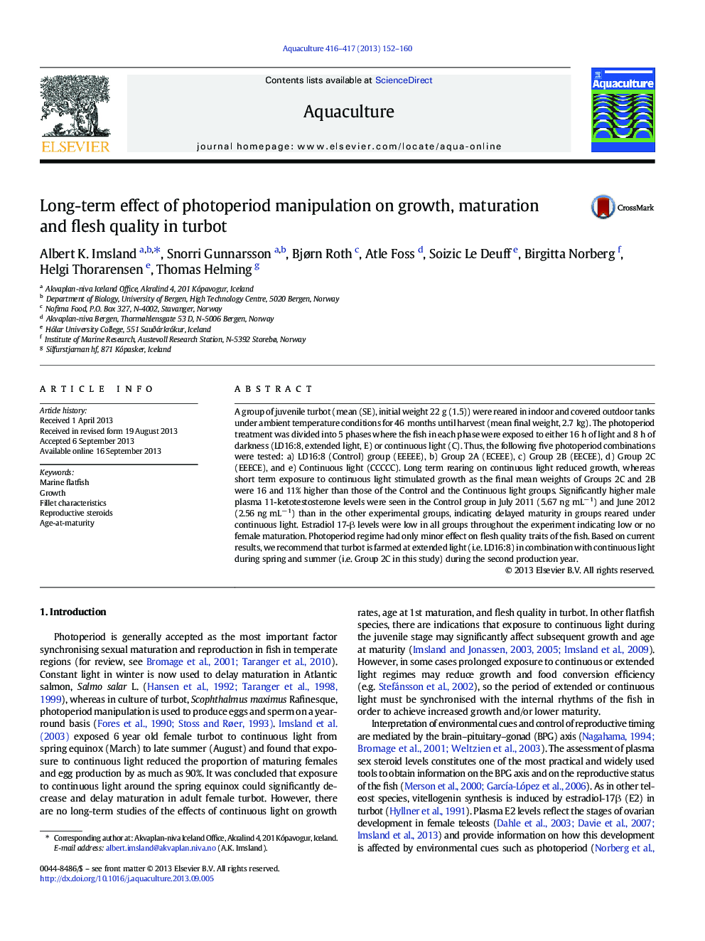 Long-term effect of photoperiod manipulation on growth, maturation and flesh quality in turbot