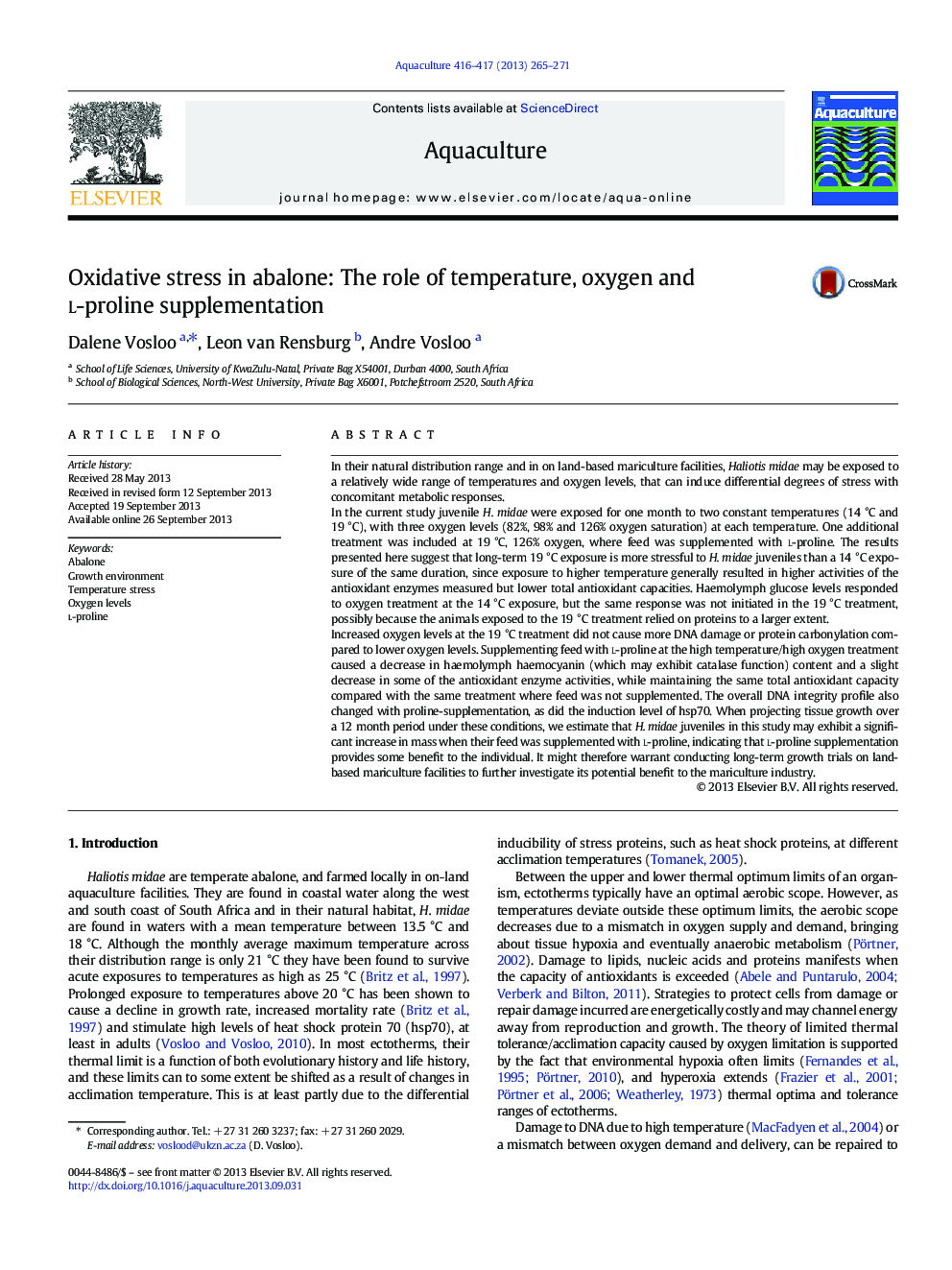 Oxidative stress in abalone: The role of temperature, oxygen and l-proline supplementation