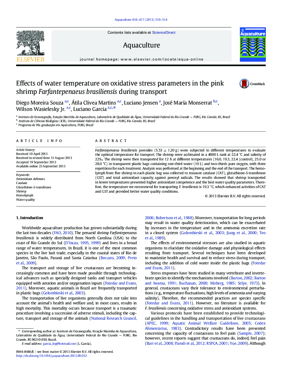 Effects of water temperature on oxidative stress parameters in the pink shrimp Farfantepenaeus brasiliensis during transport