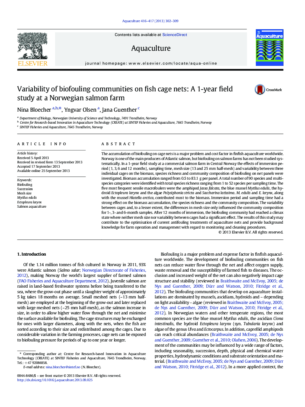 Variability of biofouling communities on fish cage nets: A 1-year field study at a Norwegian salmon farm