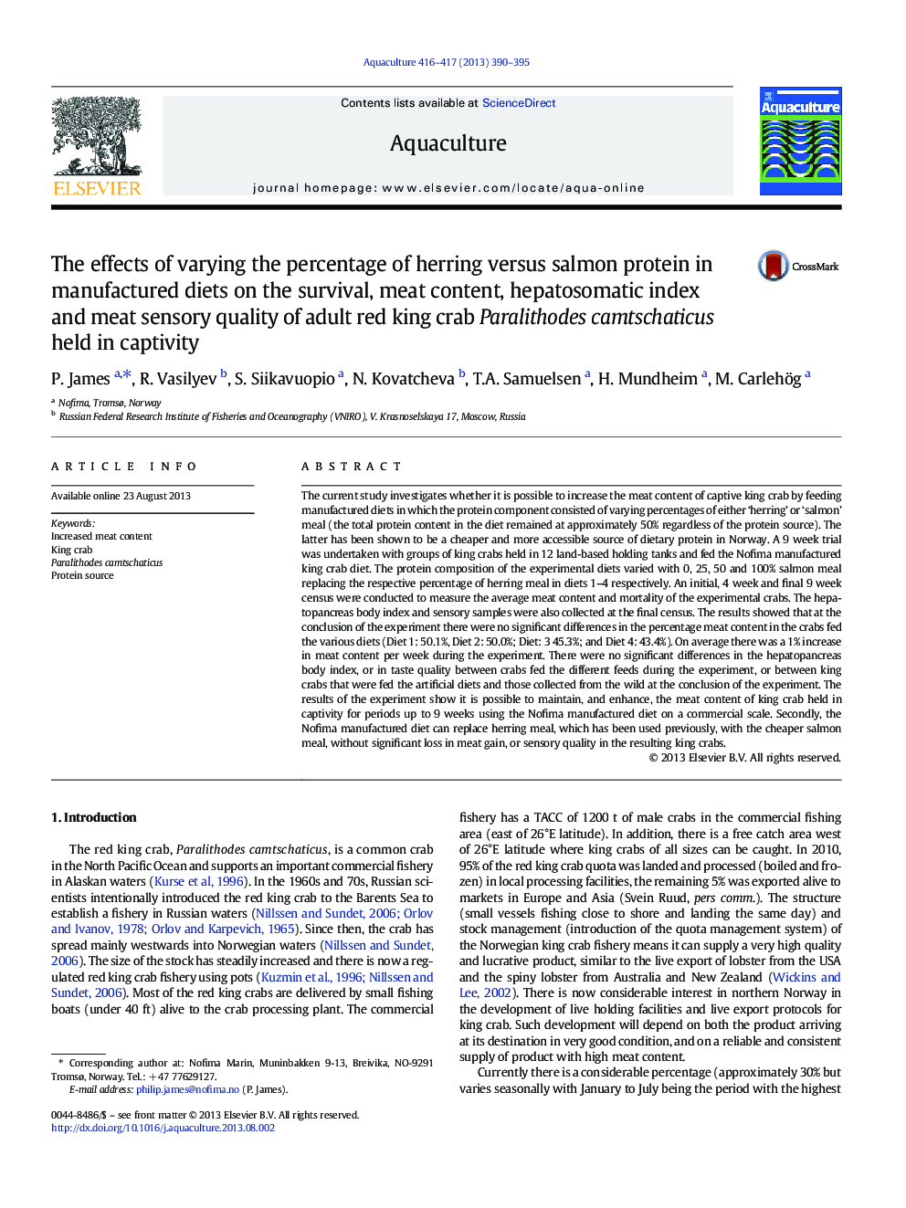 The effects of varying the percentage of herring versus salmon protein in manufactured diets on the survival, meat content, hepatosomatic index and meat sensory quality of adult red king crab Paralithodes camtschaticus held in captivity