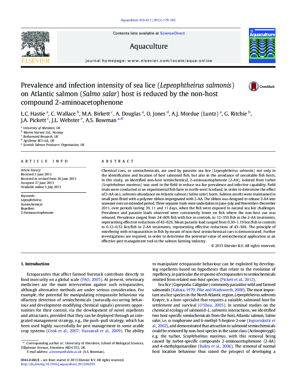 Prevalence and infection intensity of sea lice (Lepeophtheirus salmonis) on Atlantic salmon (Salmo salar) host is reduced by the non-host compound 2-aminoacetophenone