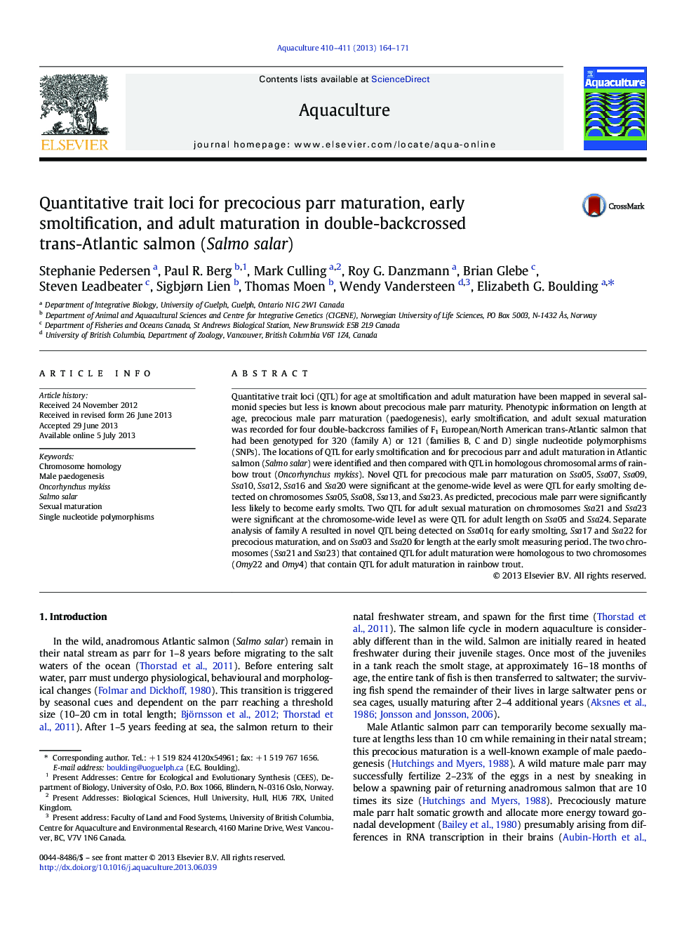 Quantitative trait loci for precocious parr maturation, early smoltification, and adult maturation in double-backcrossed trans-Atlantic salmon (Salmo salar)