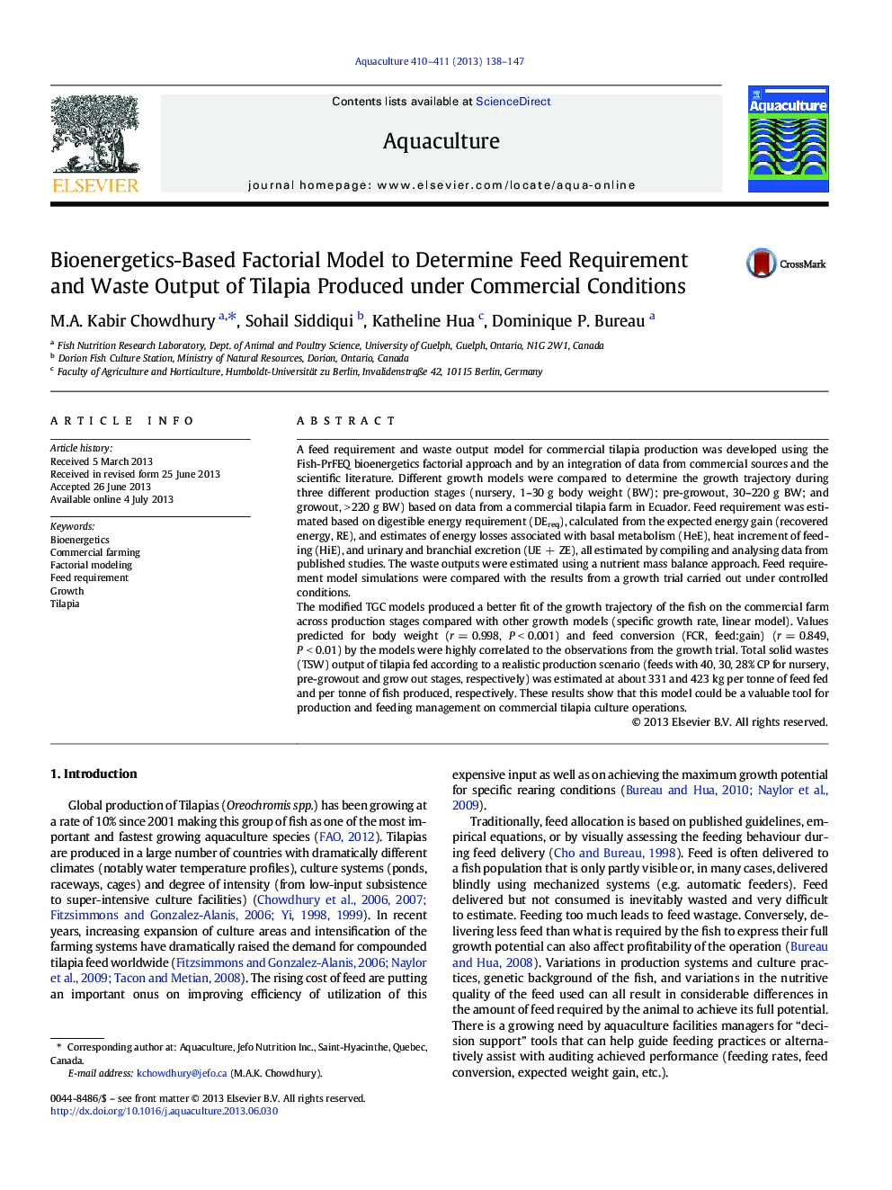 Bioenergetics-Based Factorial Model to Determine Feed Requirement and Waste Output of Tilapia Produced under Commercial Conditions