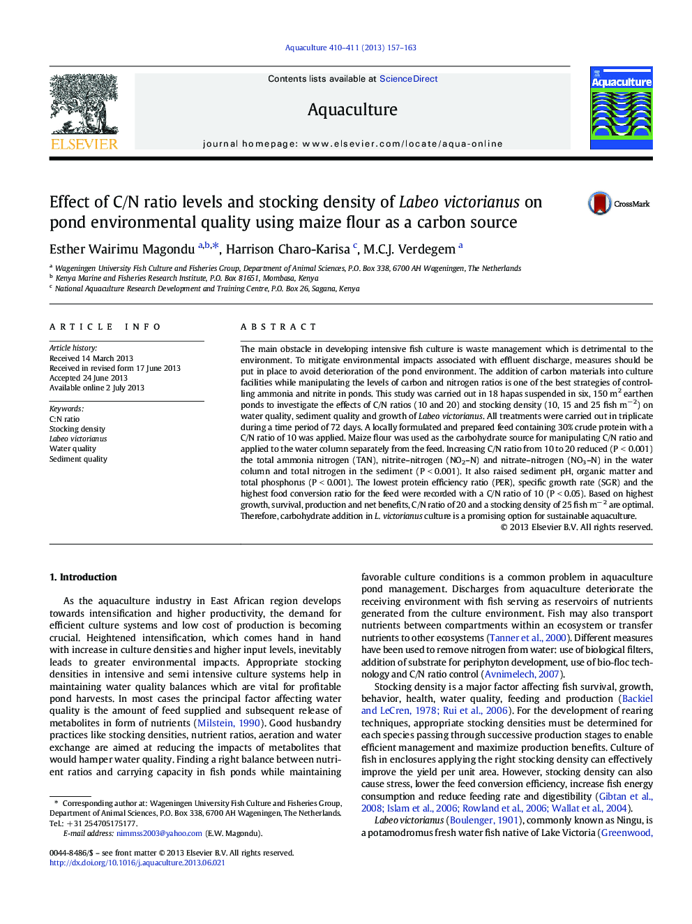 Effect of C/N ratio levels and stocking density of Labeo victorianus on pond environmental quality using maize flour as a carbon source