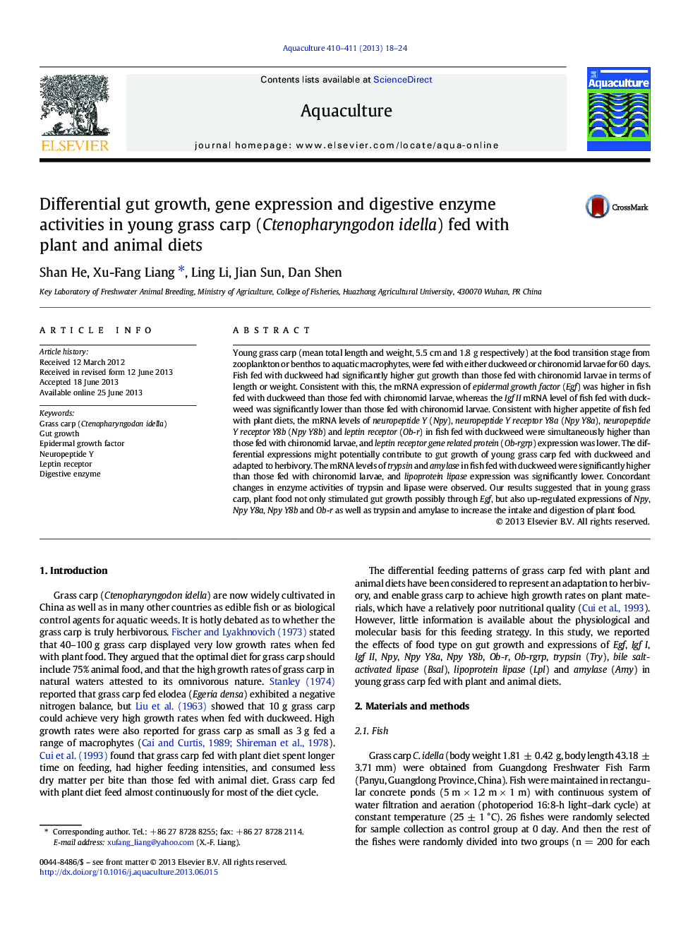 Differential gut growth, gene expression and digestive enzyme activities in young grass carp (Ctenopharyngodon idella) fed with plant and animal diets