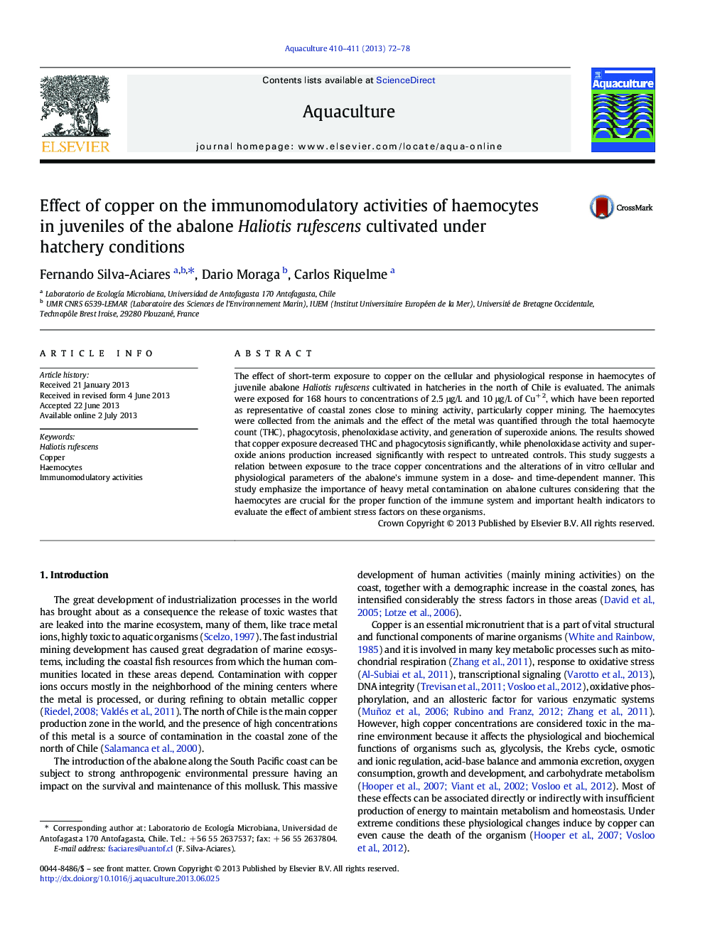 Effect of copper on the immunomodulatory activities of haemocytes in juveniles of the abalone Haliotis rufescens cultivated under hatchery conditions