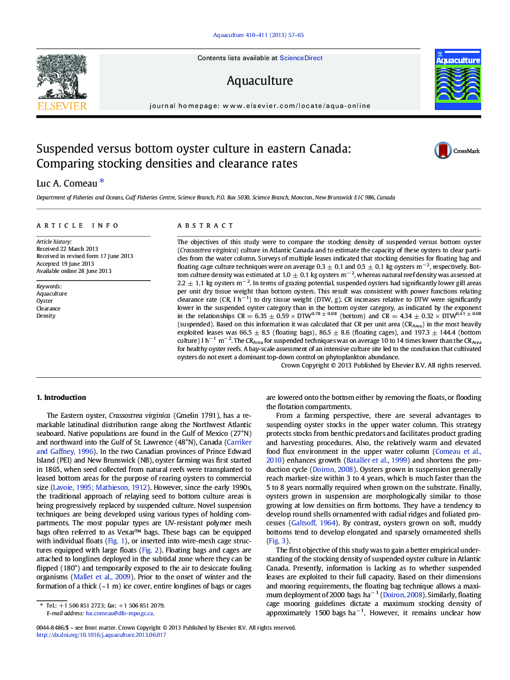 Suspended versus bottom oyster culture in eastern Canada: Comparing stocking densities and clearance rates