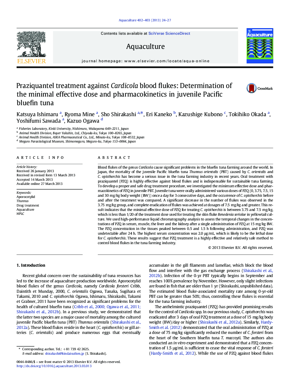 Praziquantel treatment against Cardicola blood flukes: Determination of the minimal effective dose and pharmacokinetics in juvenile Pacific bluefin tuna