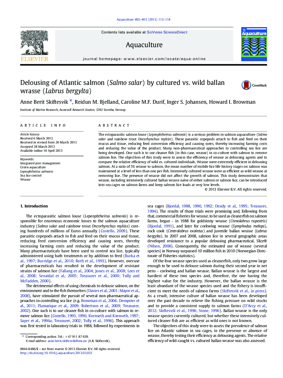 Delousing of Atlantic salmon (Salmo salar) by cultured vs. wild ballan wrasse (Labrus bergylta)