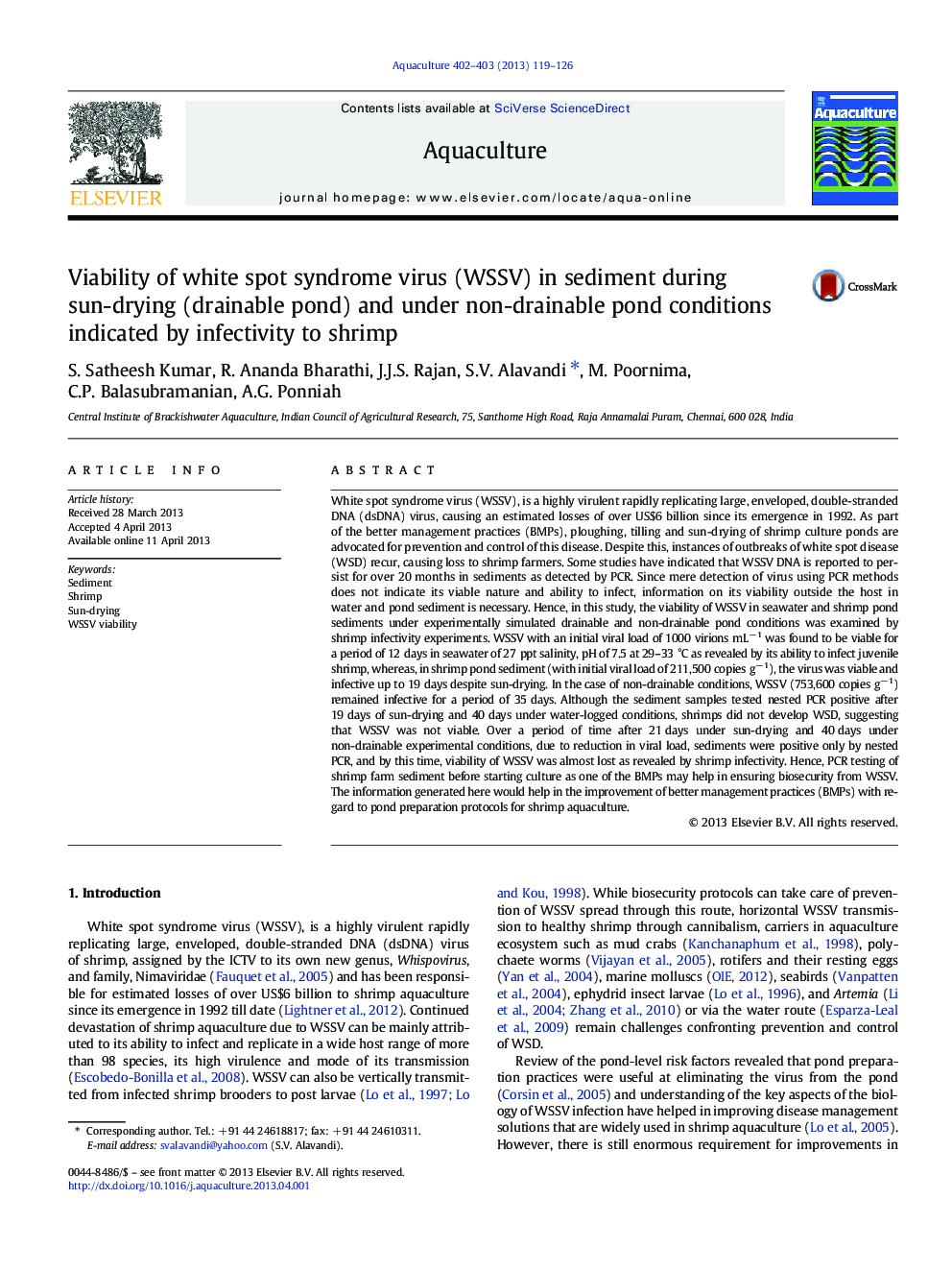 Viability of white spot syndrome virus (WSSV) in sediment during sun-drying (drainable pond) and under non-drainable pond conditions indicated by infectivity to shrimp