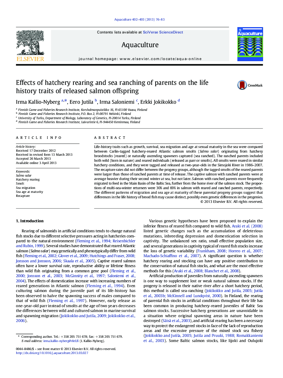 Effects of hatchery rearing and sea ranching of parents on the life history traits of released salmon offspring