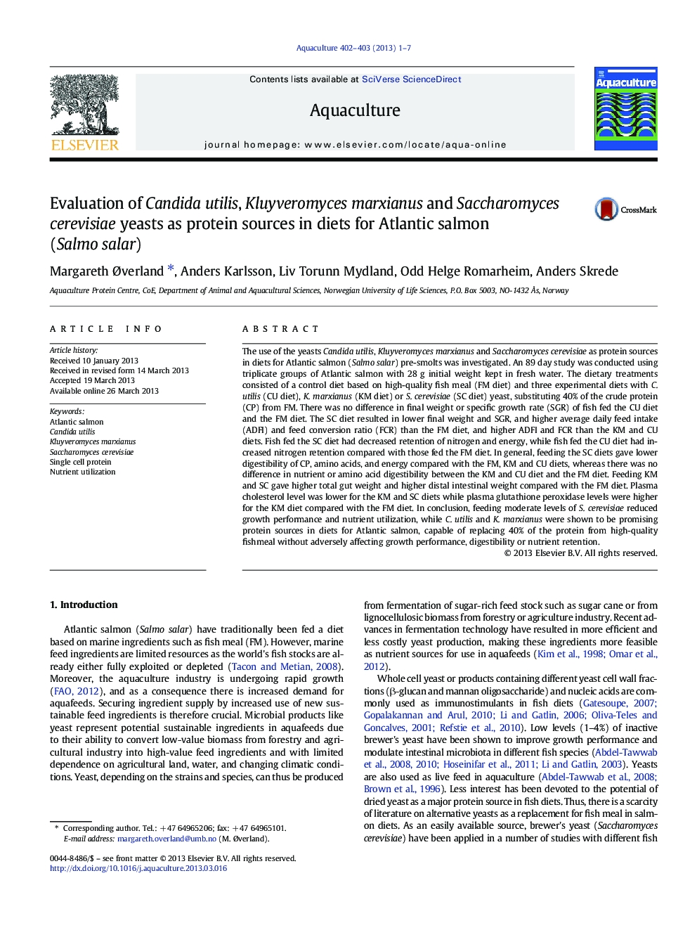 Evaluation of Candida utilis, Kluyveromyces marxianus and Saccharomyces cerevisiae yeasts as protein sources in diets for Atlantic salmon (Salmo salar)