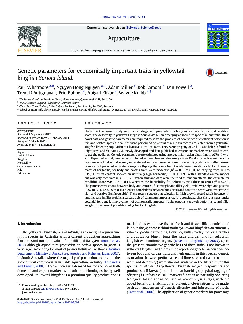 Genetic parameters for economically important traits in yellowtail kingfish Seriola lalandi