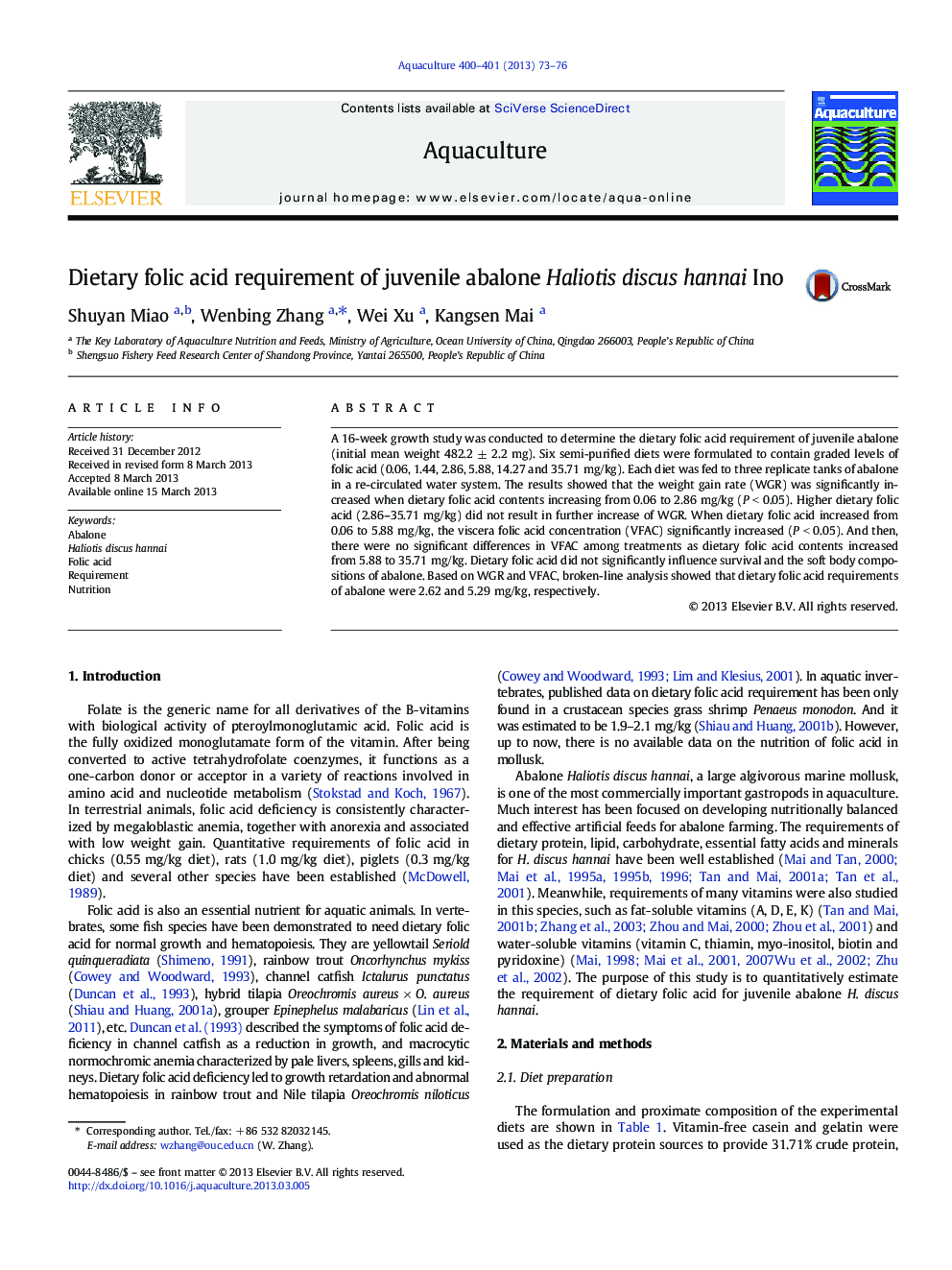 Dietary folic acid requirement of juvenile abalone Haliotis discus hannai Ino