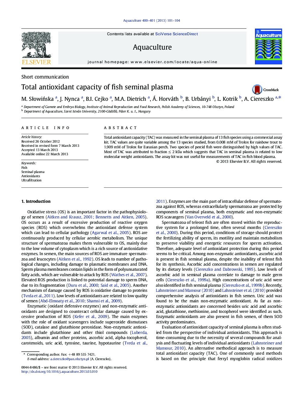 Total antioxidant capacity of fish seminal plasma