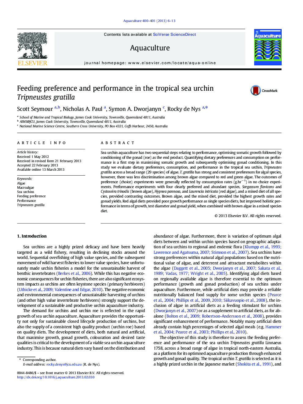 Feeding preference and performance in the tropical sea urchin Tripneustes gratilla