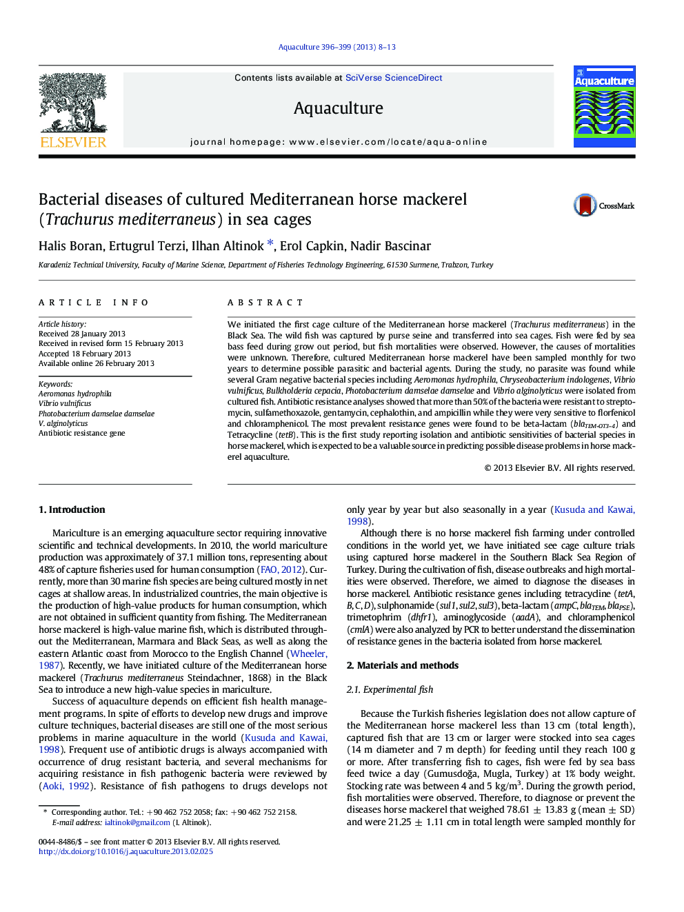 Bacterial diseases of cultured Mediterranean horse mackerel (Trachurus mediterraneus) in sea cages