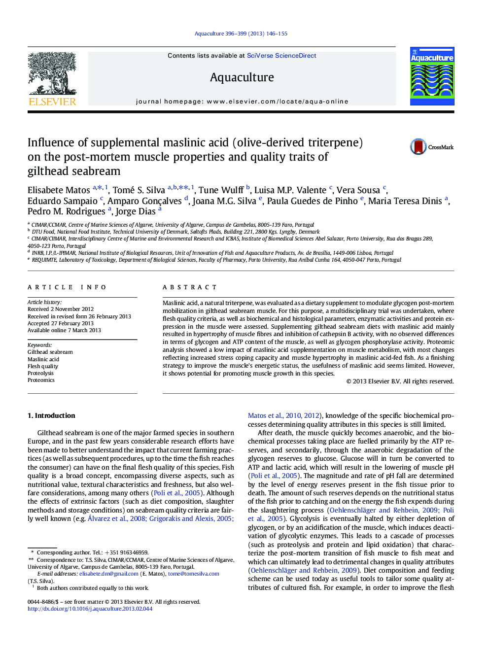 Influence of supplemental maslinic acid (olive-derived triterpene) on the post-mortem muscle properties and quality traits of gilthead seabream