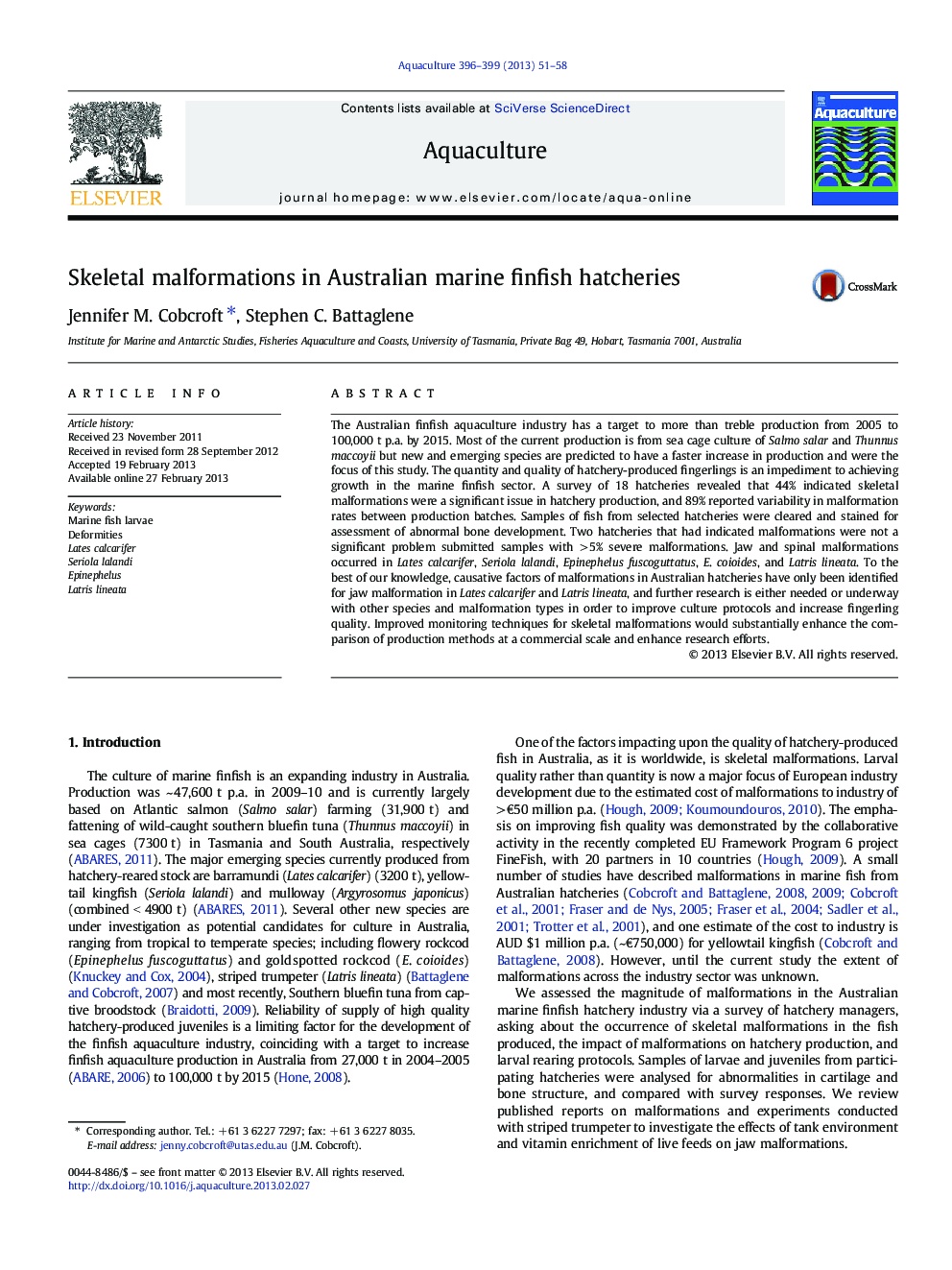 Skeletal malformations in Australian marine finfish hatcheries