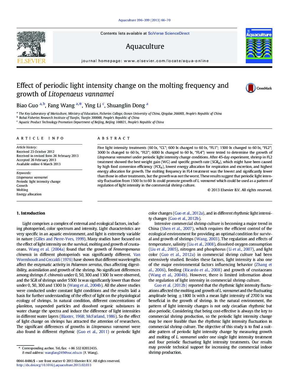 Effect of periodic light intensity change on the molting frequency and growth of Litopenaeus vannamei