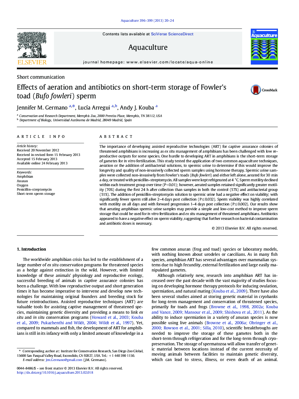 Effects of aeration and antibiotics on short-term storage of Fowler's toad (Bufo fowleri) sperm