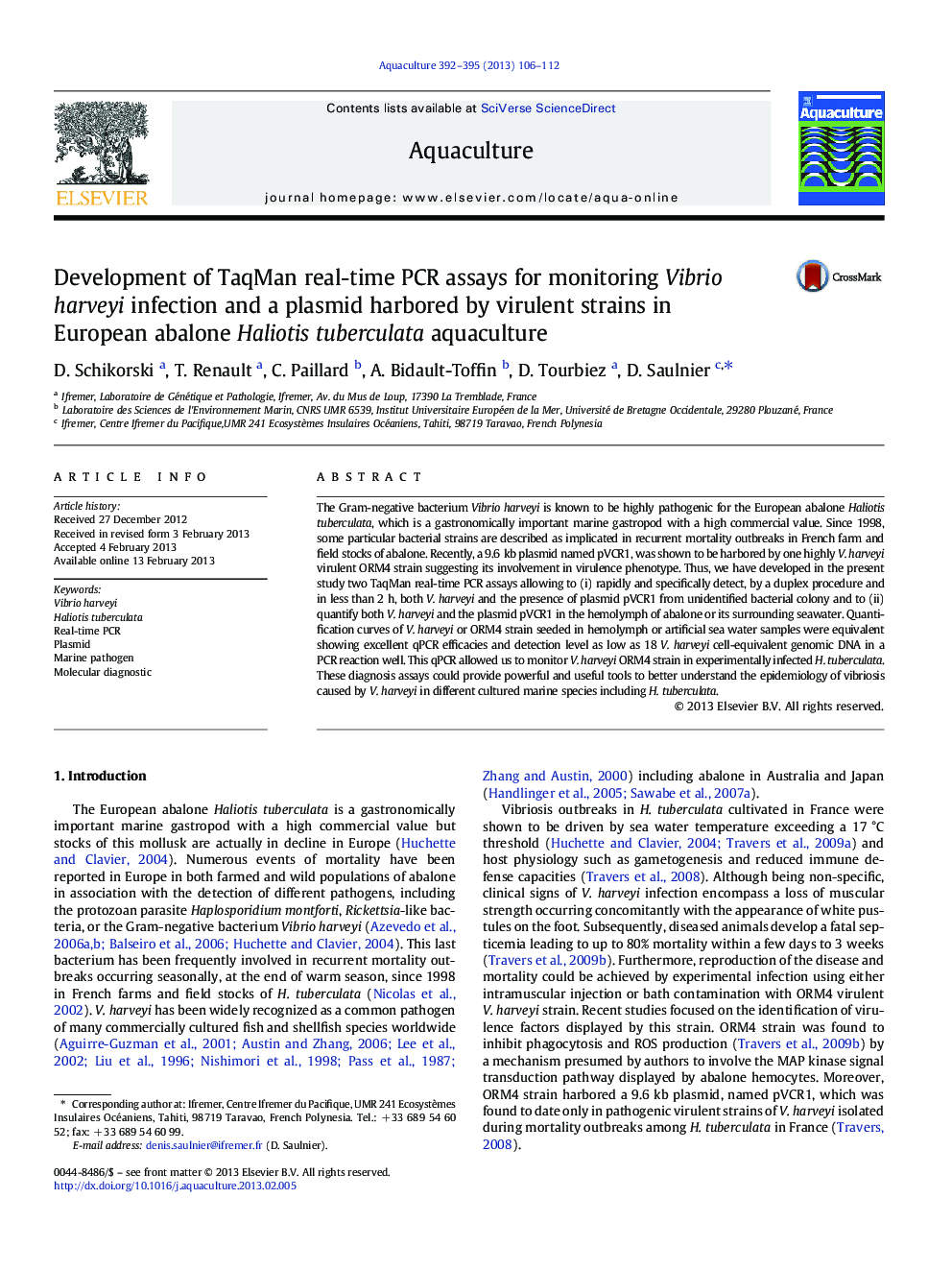 Development of TaqMan real-time PCR assays for monitoring Vibrio harveyi infection and a plasmid harbored by virulent strains in European abalone Haliotis tuberculata aquaculture