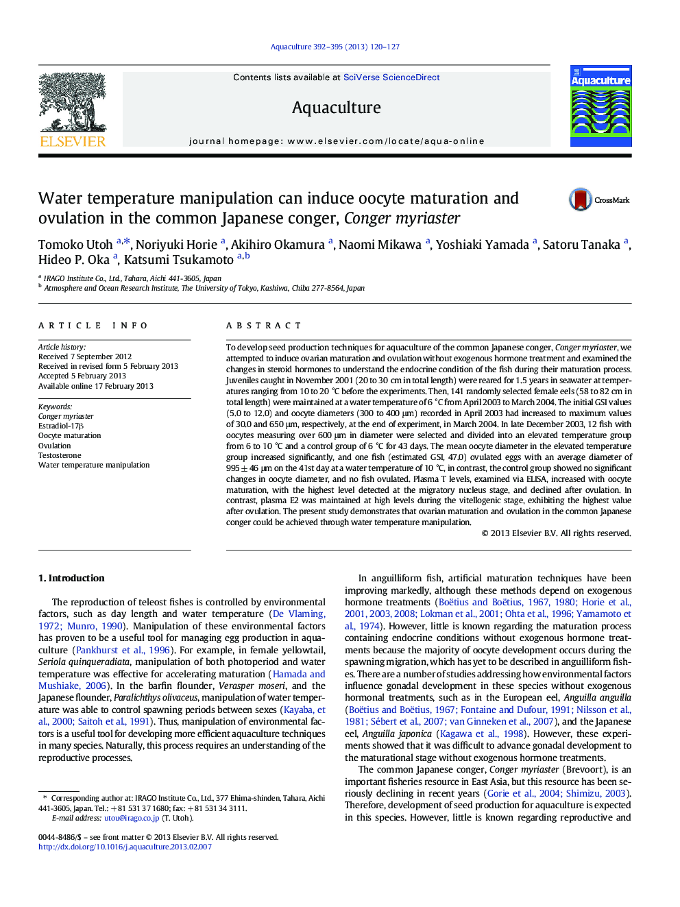 Water temperature manipulation can induce oocyte maturation and ovulation in the common Japanese conger, Conger myriaster