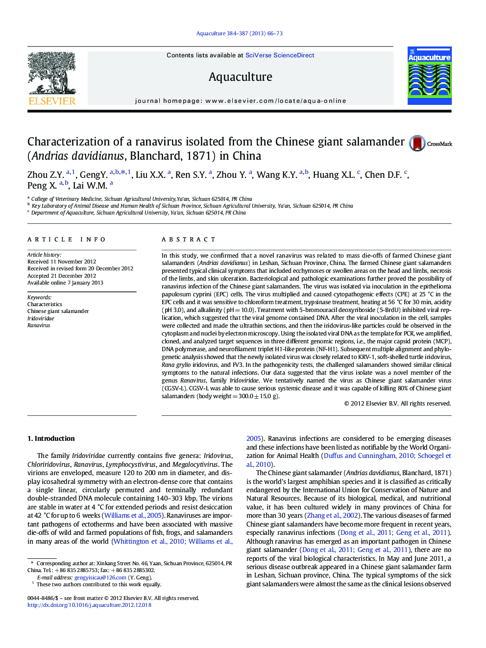 Characterization of a ranavirus isolated from the Chinese giant salamander (Andrias davidianus, Blanchard, 1871) in China