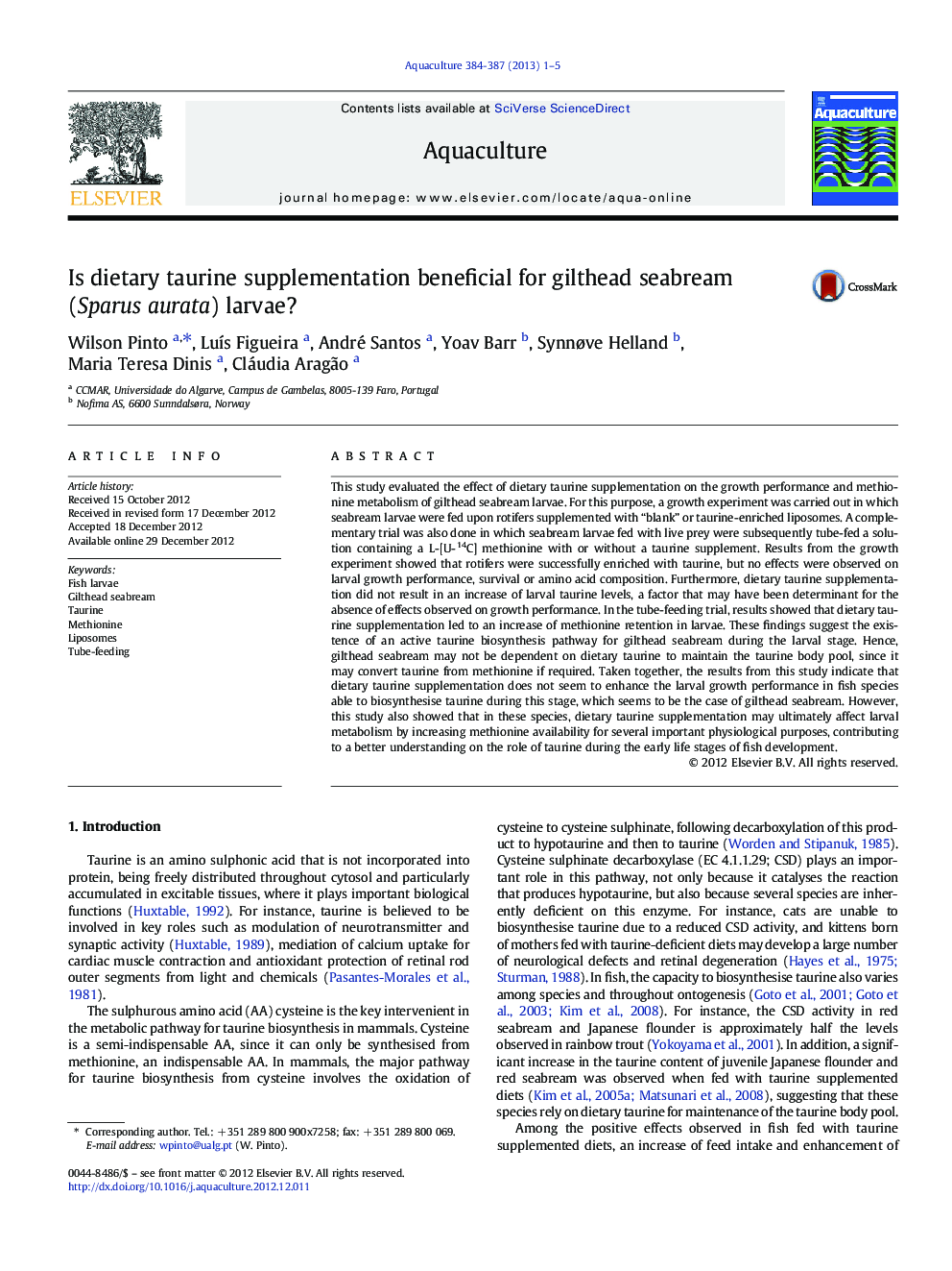 Is dietary taurine supplementation beneficial for gilthead seabream (Sparus aurata) larvae?