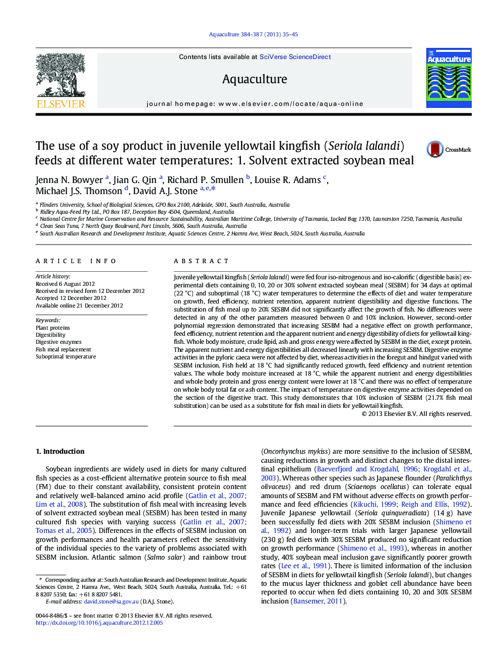 The use of a soy product in juvenile yellowtail kingfish (Seriola lalandi) feeds at different water temperatures: 1. Solvent extracted soybean meal