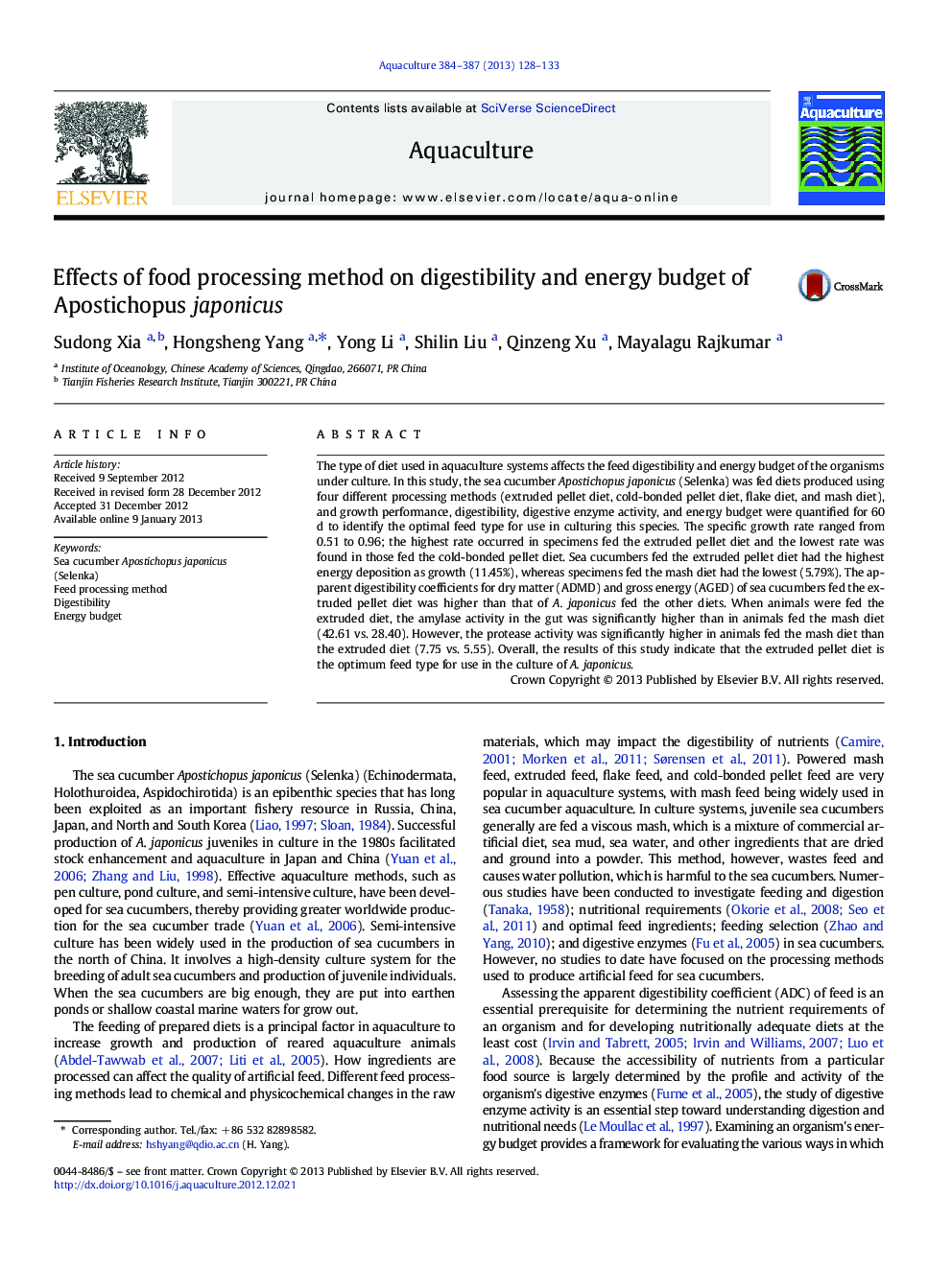 Effects of food processing method on digestibility and energy budget of Apostichopus japonicus