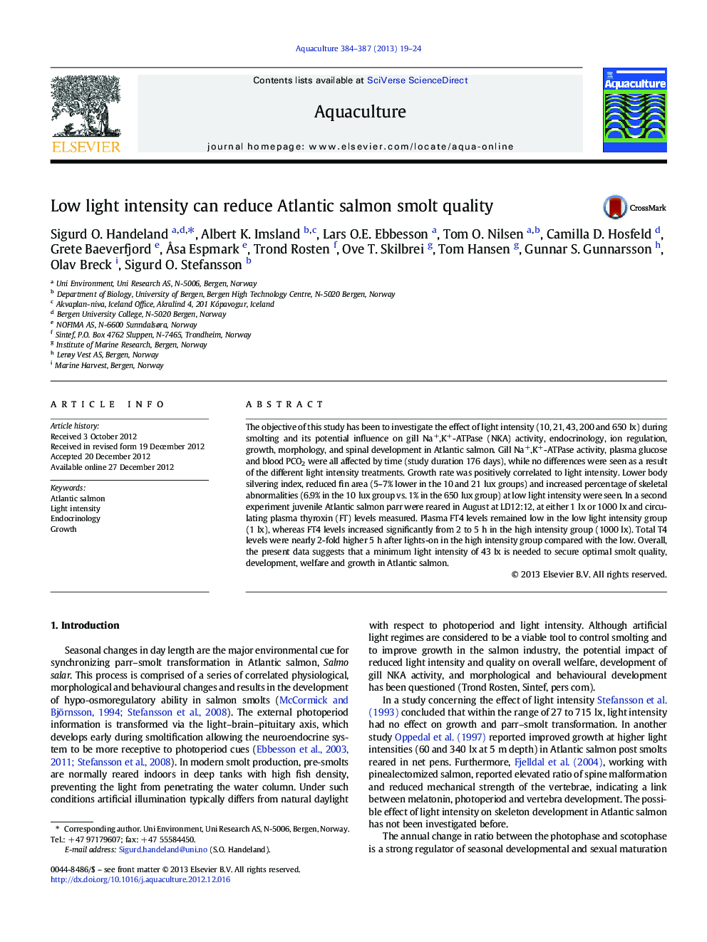 Low light intensity can reduce Atlantic salmon smolt quality