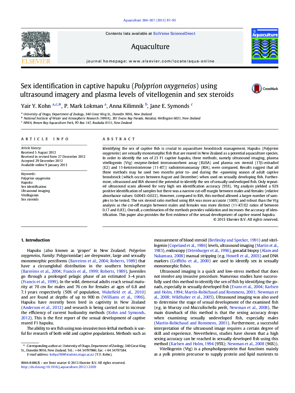 Sex identification in captive hapuku (Polyprion oxygeneios) using ultrasound imagery and plasma levels of vitellogenin and sex steroids