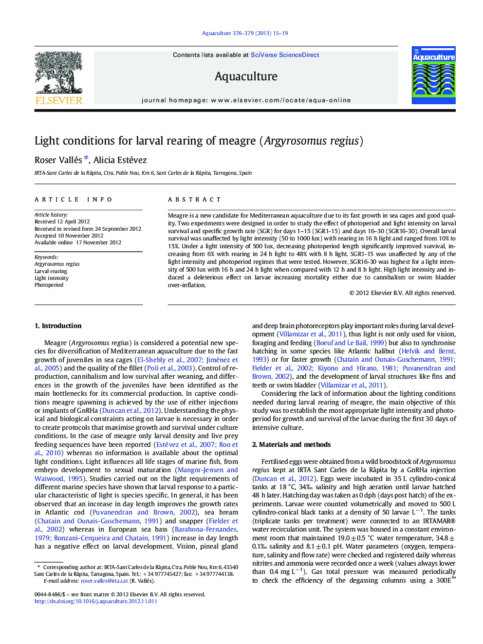 Light conditions for larval rearing of meagre (Argyrosomus regius)