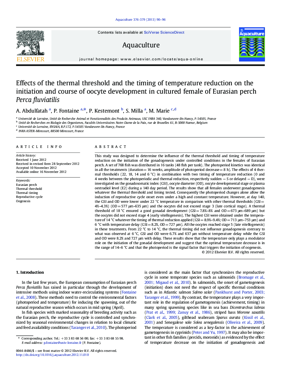 Effects of the thermal threshold and the timing of temperature reduction on the initiation and course of oocyte development in cultured female of Eurasian perch Perca fluviatilis