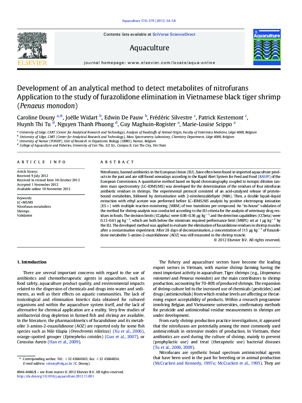 Development of an analytical method to detect metabolites of nitrofurans: Application to the study of furazolidone elimination in Vietnamese black tiger shrimp (Penaeus monodon)