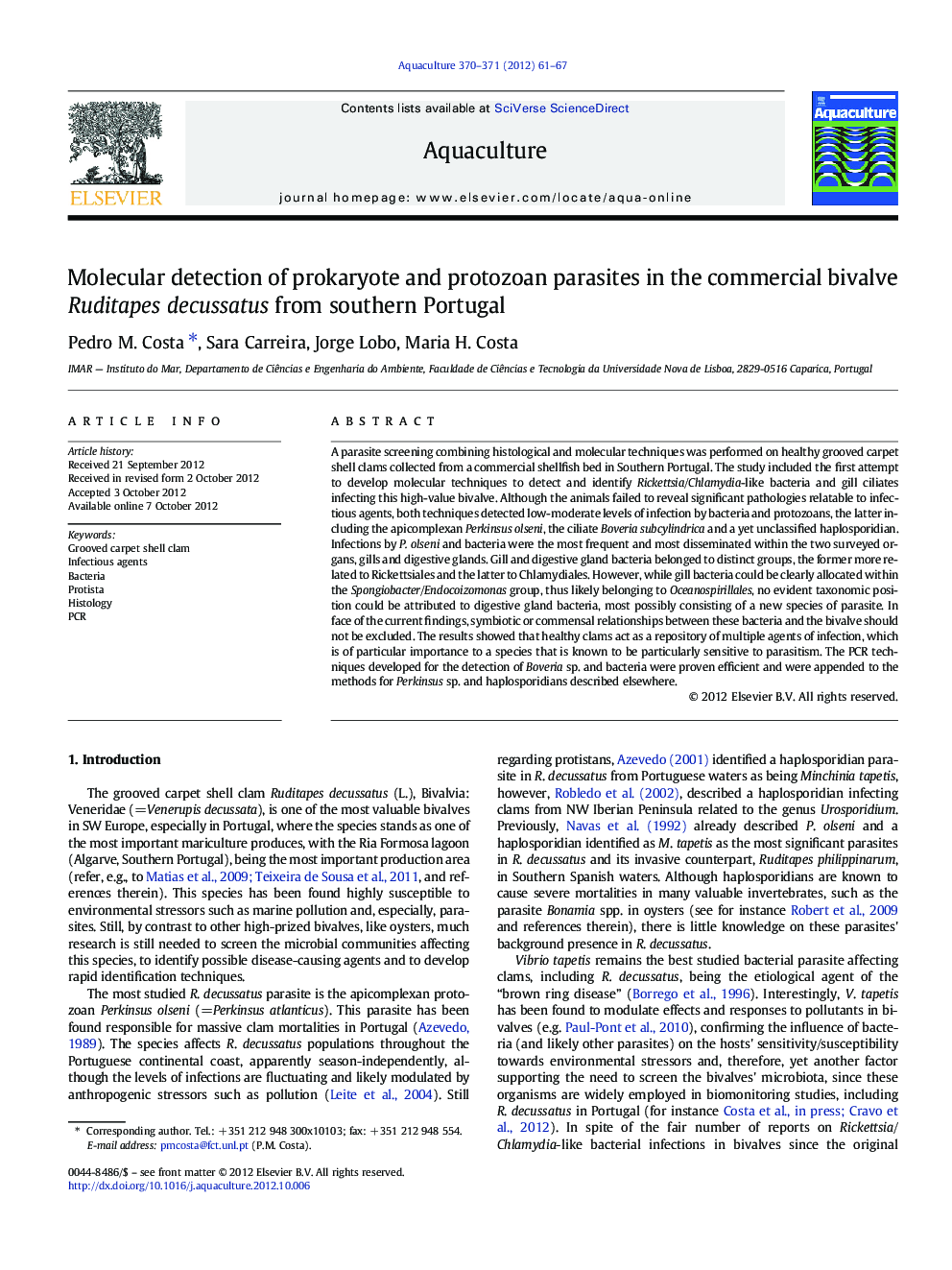 Molecular detection of prokaryote and protozoan parasites in the commercial bivalve Ruditapes decussatus from southern Portugal