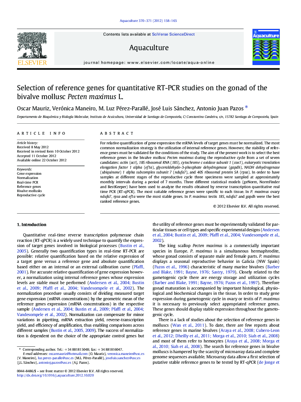 Selection of reference genes for quantitative RT-PCR studies on the gonad of the bivalve mollusc Pecten maximus L.