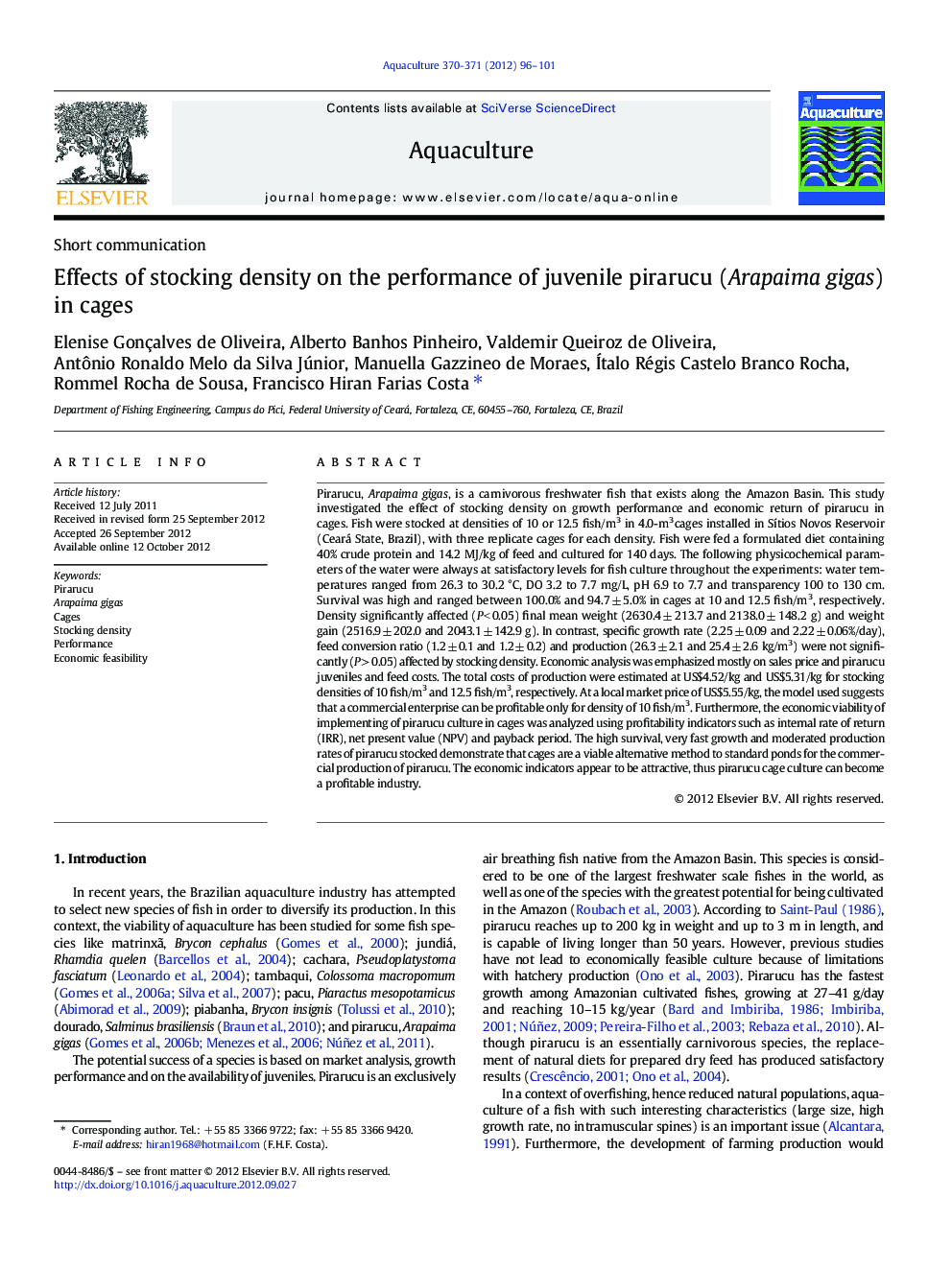 عکس صفحه اول مقاله: Effects of stocking density on the performance of juvenile pirarucu (Arapaima gigas) in cages Effects of stocking density on the performance of juvenile pirarucu (Arapaima gigas) in cages