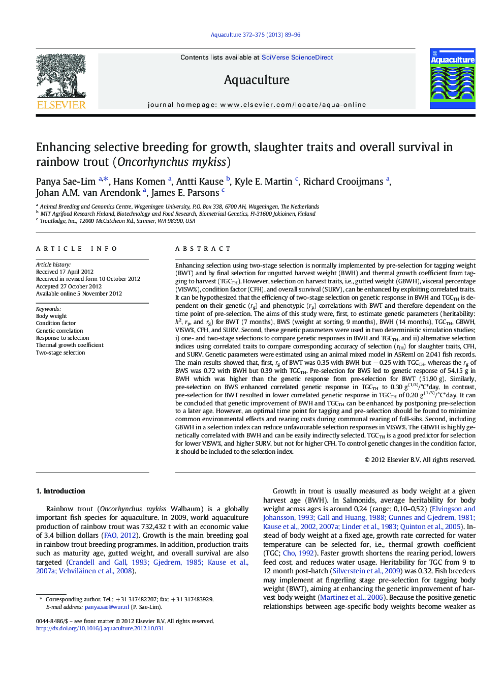 Enhancing selective breeding for growth, slaughter traits and overall survival in rainbow trout (Oncorhynchus mykiss)