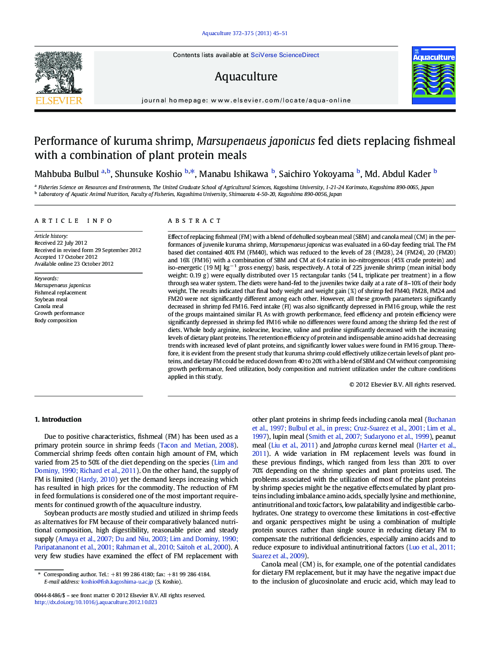 Performance of kuruma shrimp, Marsupenaeus japonicus fed diets replacing fishmeal with a combination of plant protein meals