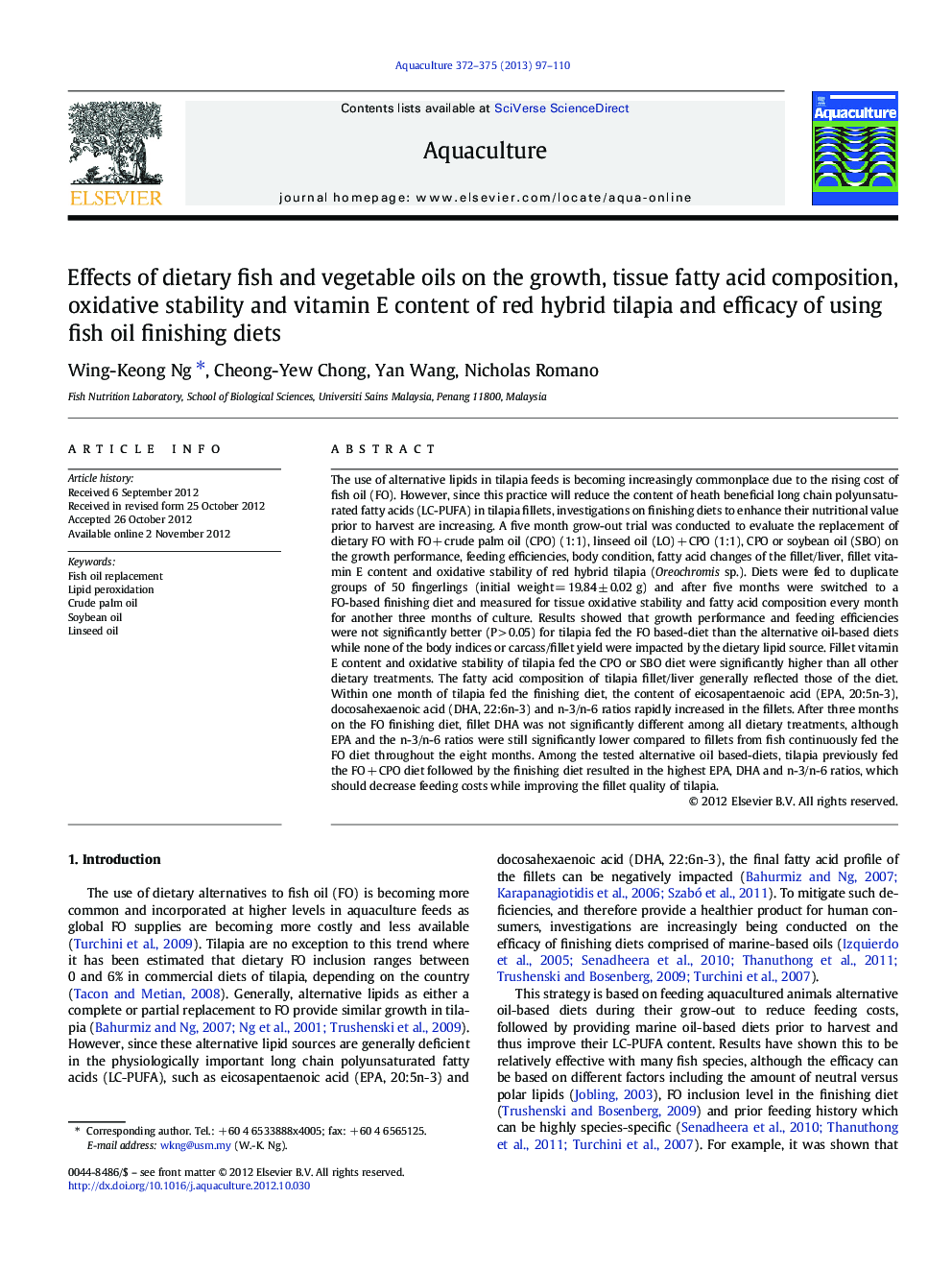 Effects of dietary fish and vegetable oils on the growth, tissue fatty acid composition, oxidative stability and vitamin E content of red hybrid tilapia and efficacy of using fish oil finishing diets