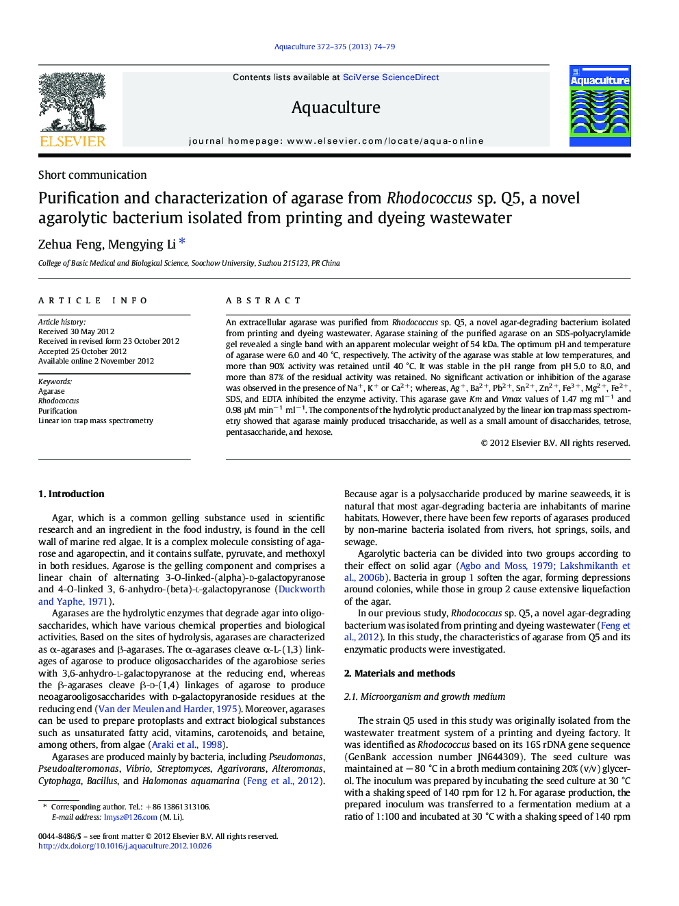 Purification and characterization of agarase from Rhodococcus sp. Q5, a novel agarolytic bacterium isolated from printing and dyeing wastewater